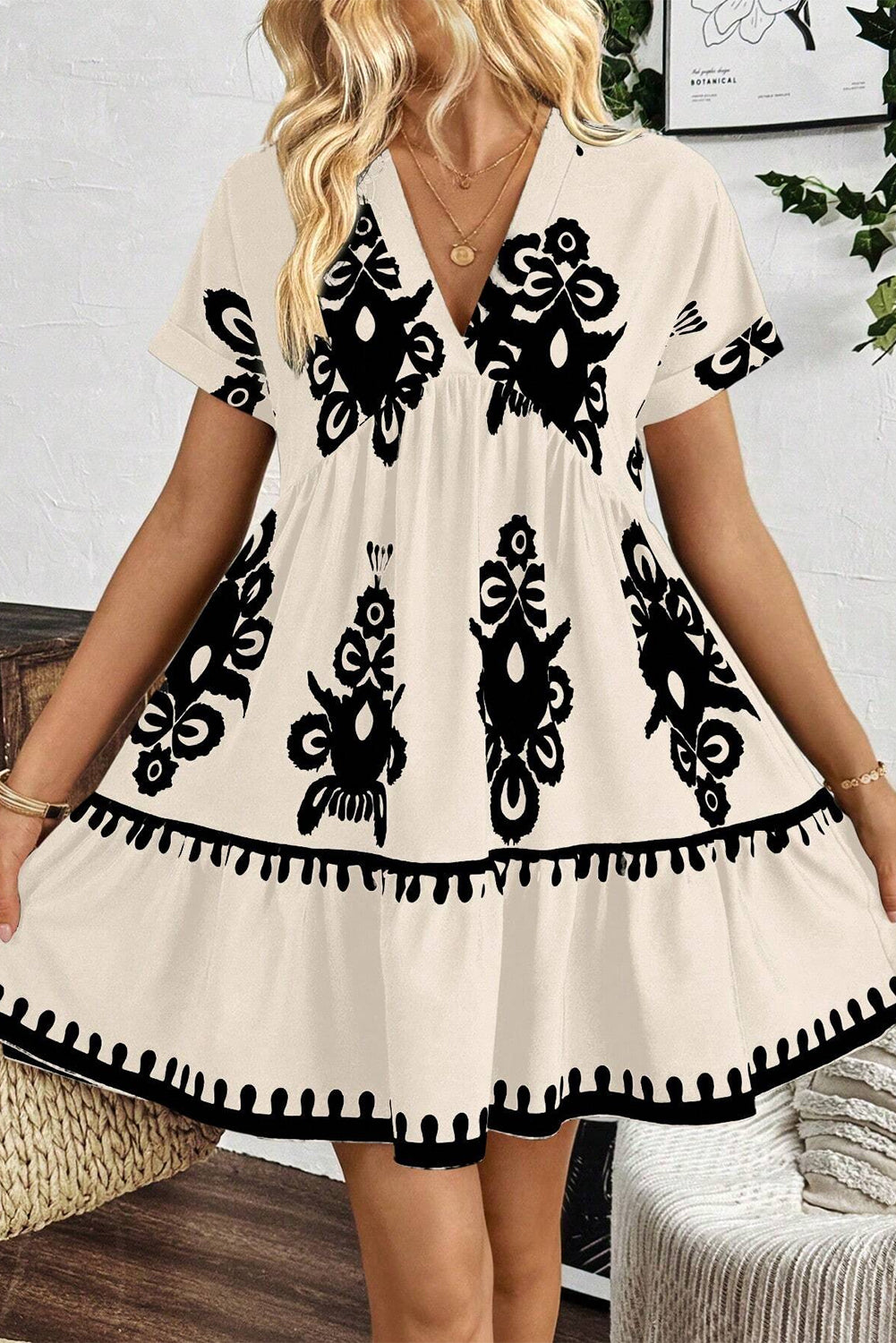 Black Vintage Print V Neck High Waist Short Sleeve Dress Mini Dresses JT's Designer Fashion