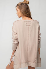 Apricot Exposed Seam V Neck Split Hem Tunic Top Long Sleeve Tops JT's Designer Fashion