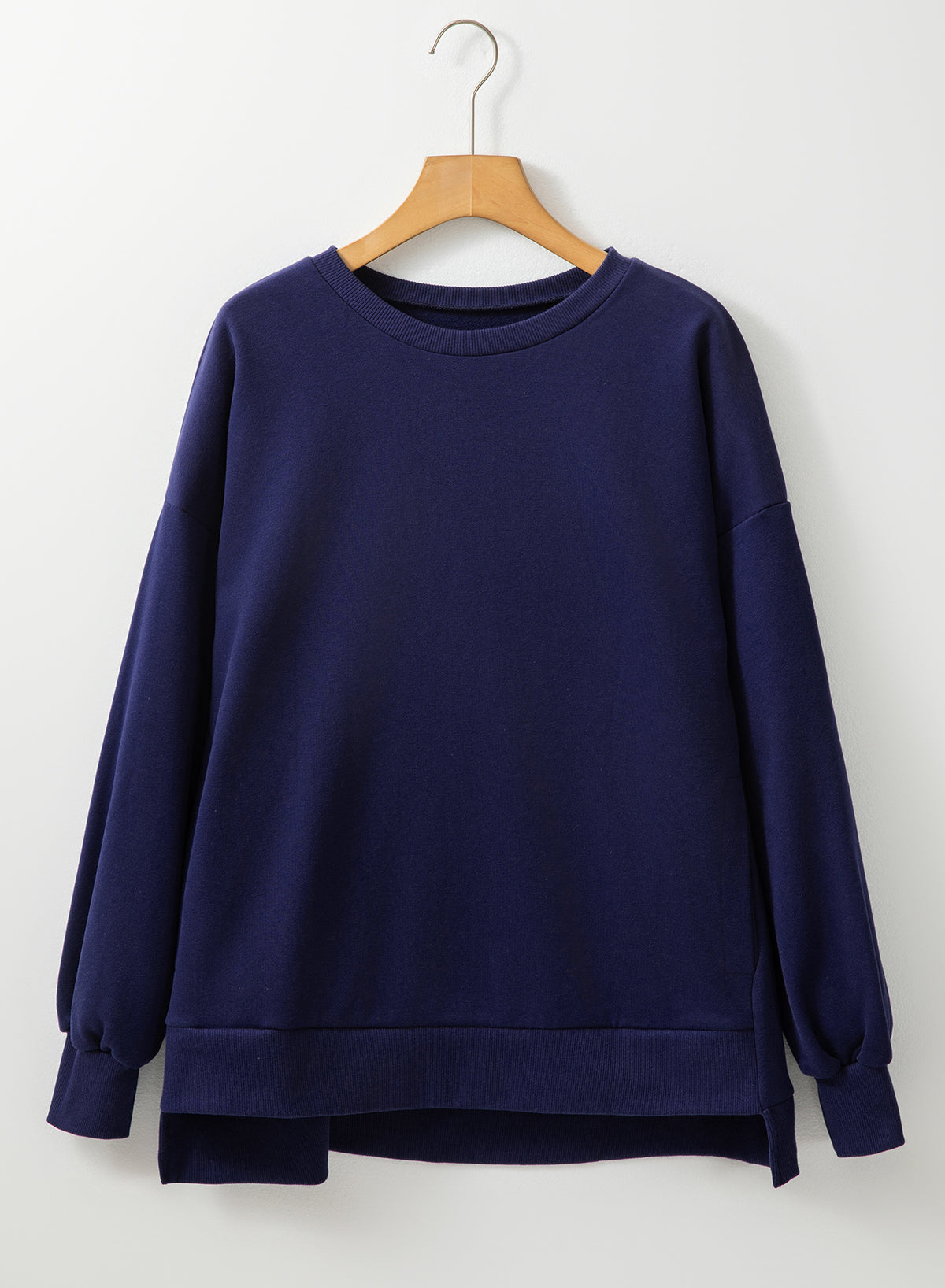 Navy Blue Solid Fleece Lined Drop Shoulder High Low Sweatshirt Sweatshirts & Hoodies JT's Designer Fashion
