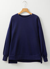 Navy Blue Solid Fleece Lined Drop Shoulder High Low Sweatshirt Sweatshirts & Hoodies JT's Designer Fashion