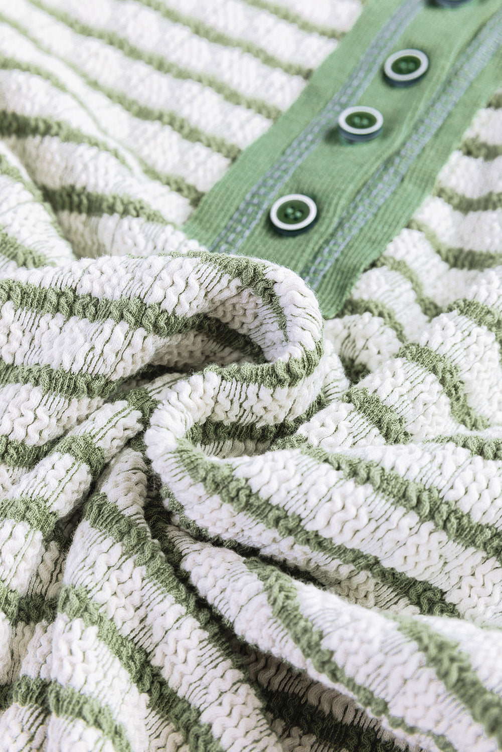 Green Stripe Textured Frilly Trim Buttons Henley Long Sleeve Top Long Sleeve Tops JT's Designer Fashion