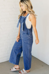 Prussian Blue Mineral Wash Knotted Strap Patched Pocket Wide Leg Denim Overalls Jumpsuits & Rompers JT's Designer Fashion