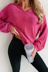 Rose Red Textured Long Sleeve V Neck Top Long Sleeve Tops JT's Designer Fashion