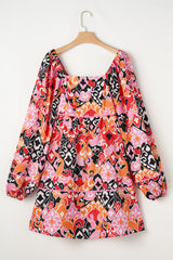 Pink Bohemian Square Neck Puff Sleeve Mini Dress Mini Dresses JT's Designer Fashion