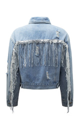 Sky Blue Sequin Embellished Fringe Distressed Denim Jacket Denim Jackets JT's Designer Fashion