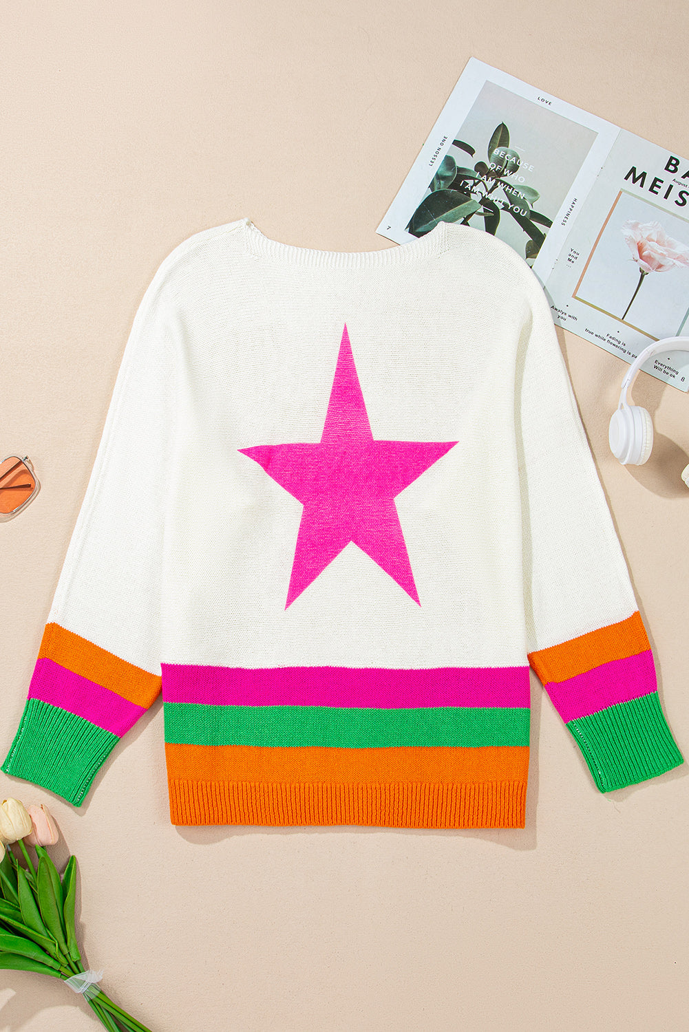 White Star Pattern Colorblock Striped Edge Drop Shoulder Sweater Sweaters JT's Designer Fashion