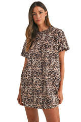 Brown Leopard Print Crew Neck Shift Short T Shirt Dress T Shirt Dresses JT's Designer Fashion