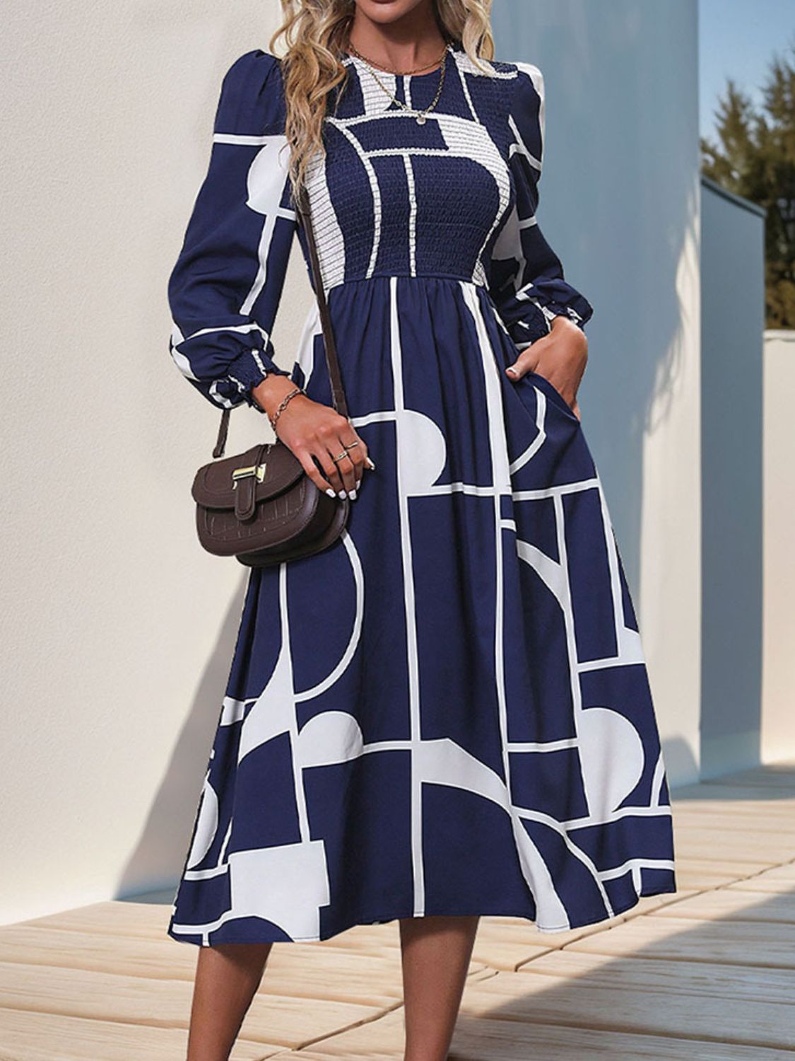 Smocked Color Block Long Sleeve Midi Dress Midi Dresses JT's Designer Fashion