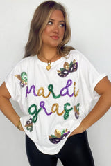 White Mardi Gras Tinsel Sequin Graphic T Shirt Graphic Tees JT's Designer Fashion