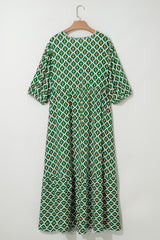 Green Geometric Floral Print Half Sleeve Plus Size Maxi Dress Plus Size Maxi Dresses JT's Designer Fashion