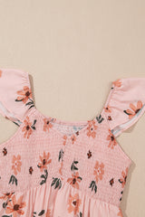 Pink Floral V Neck Smocked High Waist Ruffle Hem Long Dress Maxi Dresses JT's Designer Fashion