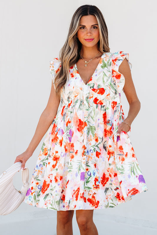 Pink Floral Double Ruffle Sleeve V Neck High Waist Mini Dress Pink 100%Polyester Floral Dresses JT's Designer Fashion