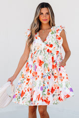 Pink Floral Double Ruffle Sleeve V Neck High Waist Mini Dress Pink 100%Polyester Floral Dresses JT's Designer Fashion