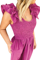 Rose Red Solid Color Ruffled Straps Smocked Ruched Long Dress Maxi Dresses JT's Designer Fashion