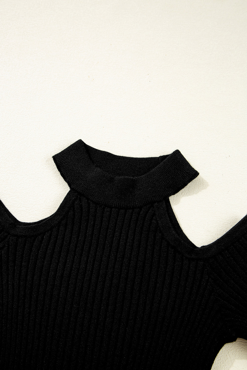 Black Ribbed Knit Cold Shoulder Choker Neck Sweater Sweaters JT's Designer Fashion