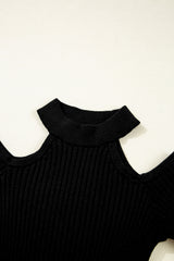 Black Ribbed Knit Cold Shoulder Choker Neck Sweater Sweaters JT's Designer Fashion