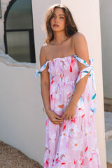 Pink Floral Print Knotted Shoulder Smocked Maxi Dress Floral Dresses JT's Designer Fashion