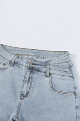 Sky Blue Mid Rise Asymmetrical Waist Wide Leg Jeans Jeans JT's Designer Fashion