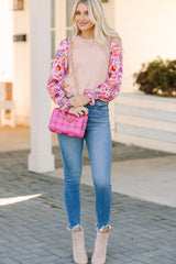Oatmeal Floral Printed Patchwork Smocked Lantern Sleeve Knit Top Sweaters JT's Designer Fashion