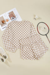 Khaki Checkered Long Sleeve Crop Top High Waist Skort 2pcs Set Short Sets JT's Designer Fashion