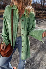 Mist Green Patched Pocket Button Up Corduroy Shacket Jackets JT's Designer Fashion