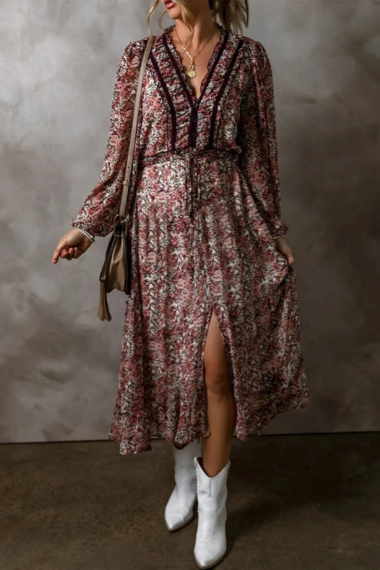 Printed V-Neck Long Sleeve Midi Dress Floral Midi Dresses JT's Designer Fashion