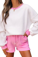 Strawberry Pink Color Block Pullover and Lace-up Elastic Waist Shorts Set Short Sets JT's Designer Fashion