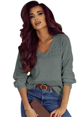 Mist Green Eyelet Pattern Detail V Neck Drop Shoulder Sweater Sweaters JT's Designer Fashion