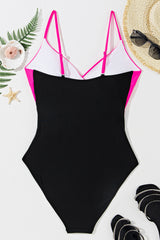 Rose Red Crossover Colorblock Cutout One Piece Swimsuit Swimwear JT's Designer Fashion