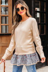 Beige Cable Texture Bohemian Ruffle Hem Patchwork Sweater Sweaters JT's Designer Fashion