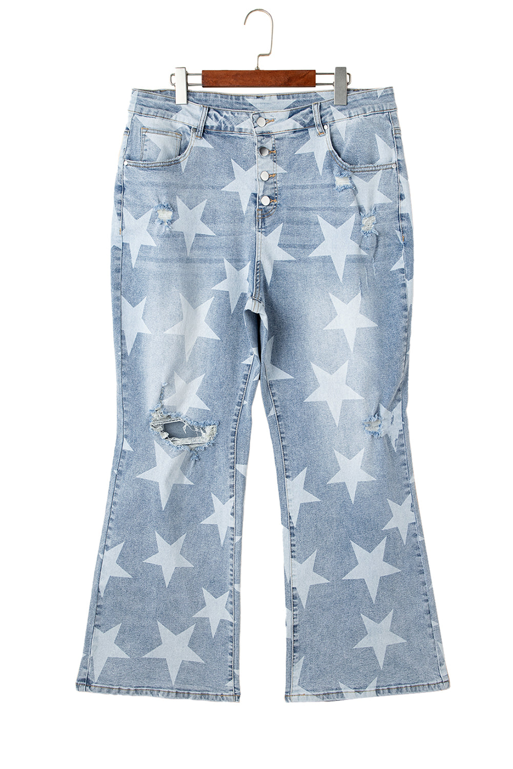 Sky Blue Star Printed Multi Buttons Slit Knee Destroyed Plus Size Jeans Plus Size Bottoms JT's Designer Fashion