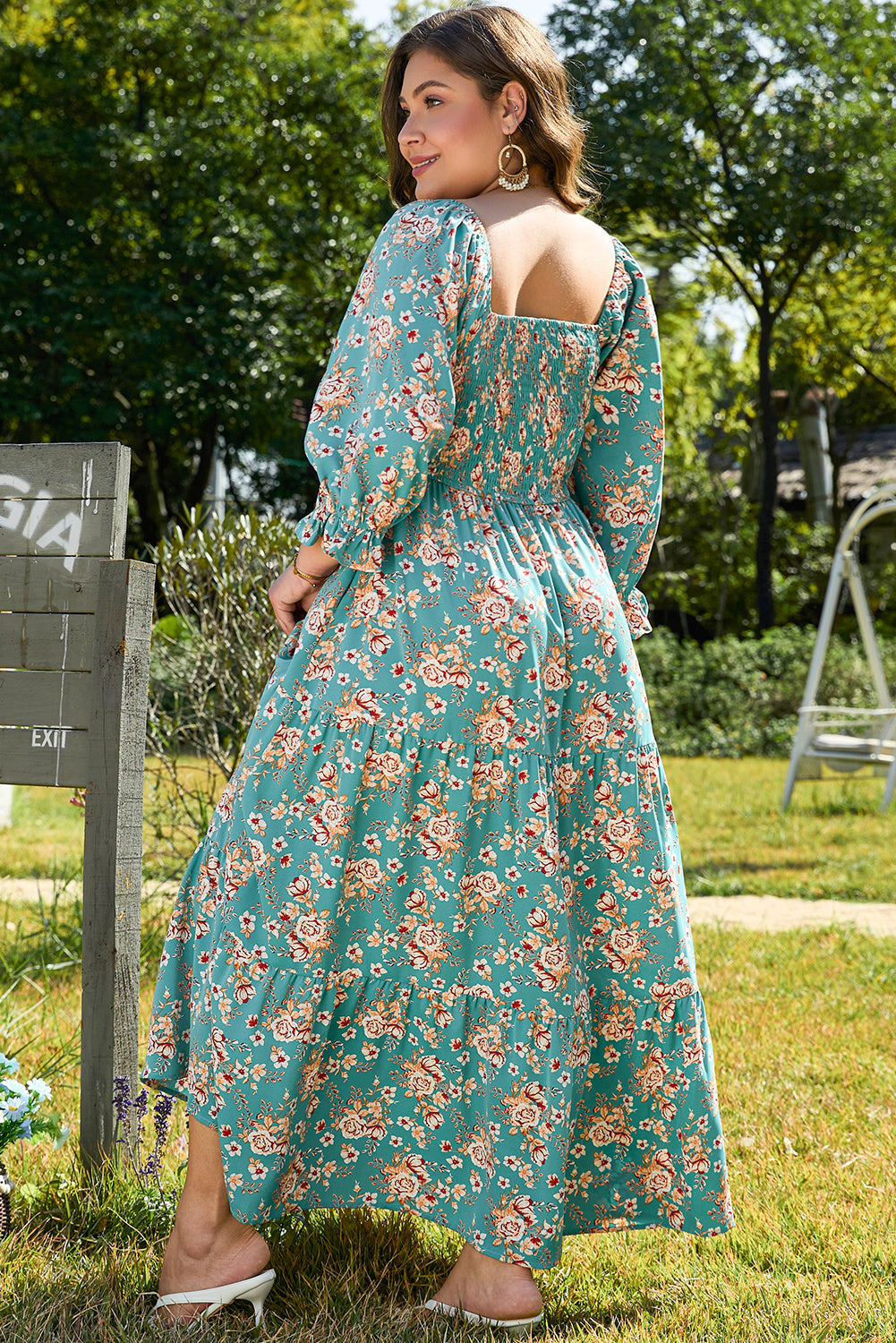 Green Plus Size Floral Print Square Neck Smocked Maxi Dress Plus Size Maxi Dresses JT's Designer Fashion