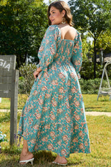 Green Plus Size Floral Print Square Neck Smocked Maxi Dress Plus Size Maxi Dresses JT's Designer Fashion
