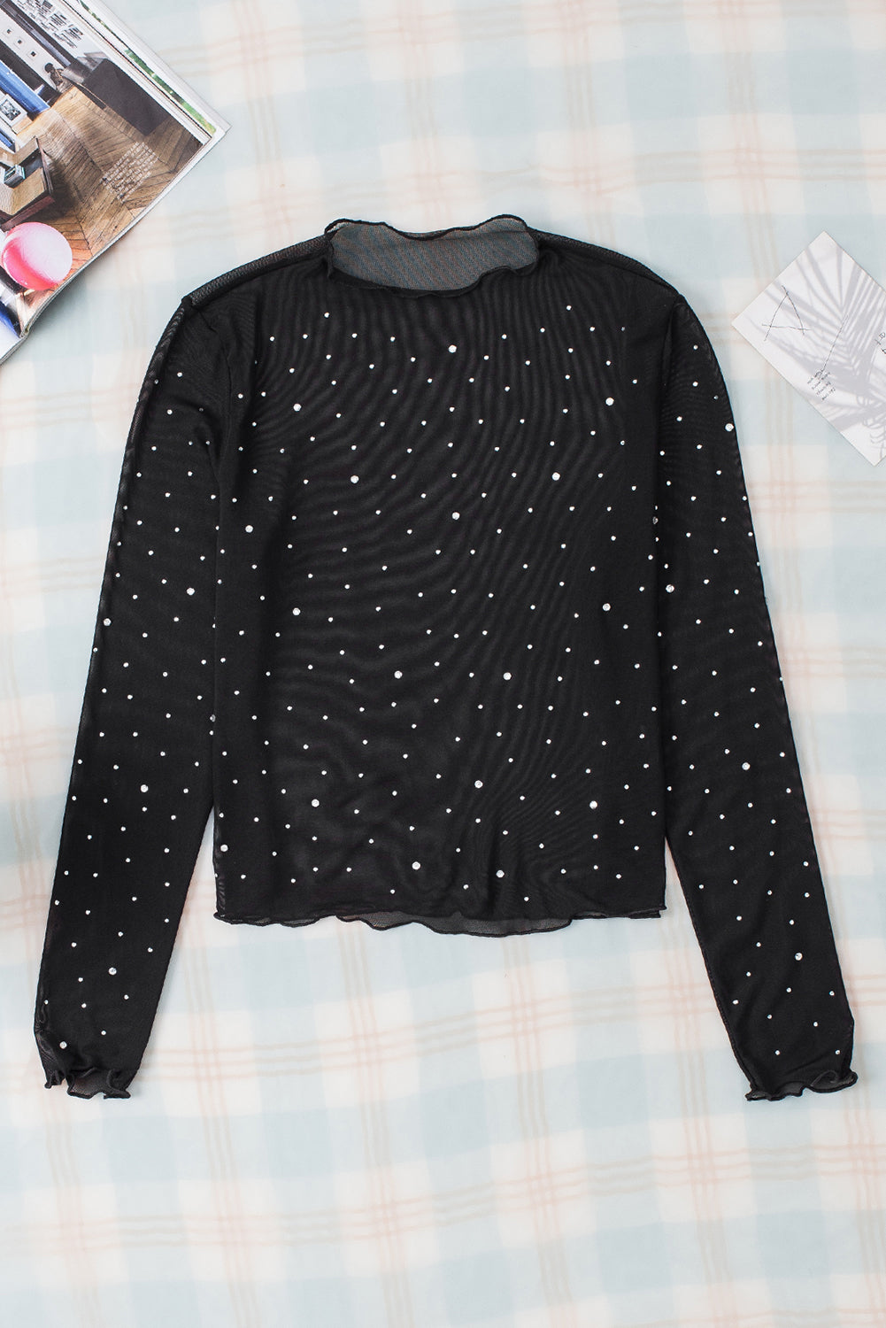 Black Rhinestone Sheer Mesh Slim Fit Long Sleeve Top Long Sleeve Tops JT's Designer Fashion