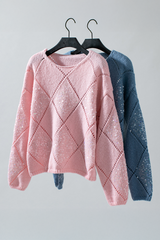 Light Pink Hollowed Rhombus Pattern Sequin Detail Round Neck Sweater Sweaters JT's Designer Fashion
