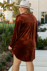 Coffee Plus Size V Neck Collared Pleated Back Rounded Hem Velvet Dress Plus Size Mini Dresses JT's Designer Fashion