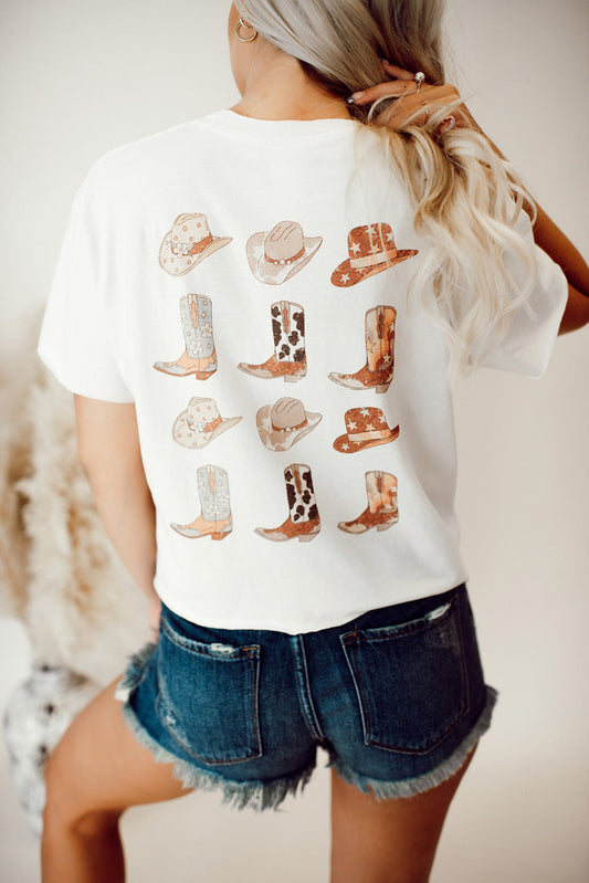 White Double-Side Cowboy Hat & Boots Graphic Tee Graphic Tees JT's Designer Fashion