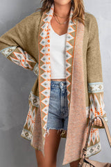 Khaki Aztec Print Open Front Knitted Cardigan Sweaters & Cardigans JT's Designer Fashion