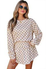 Khaki Checkered Long Sleeve Crop Top High Waist Skort 2pcs Set Short Sets JT's Designer Fashion