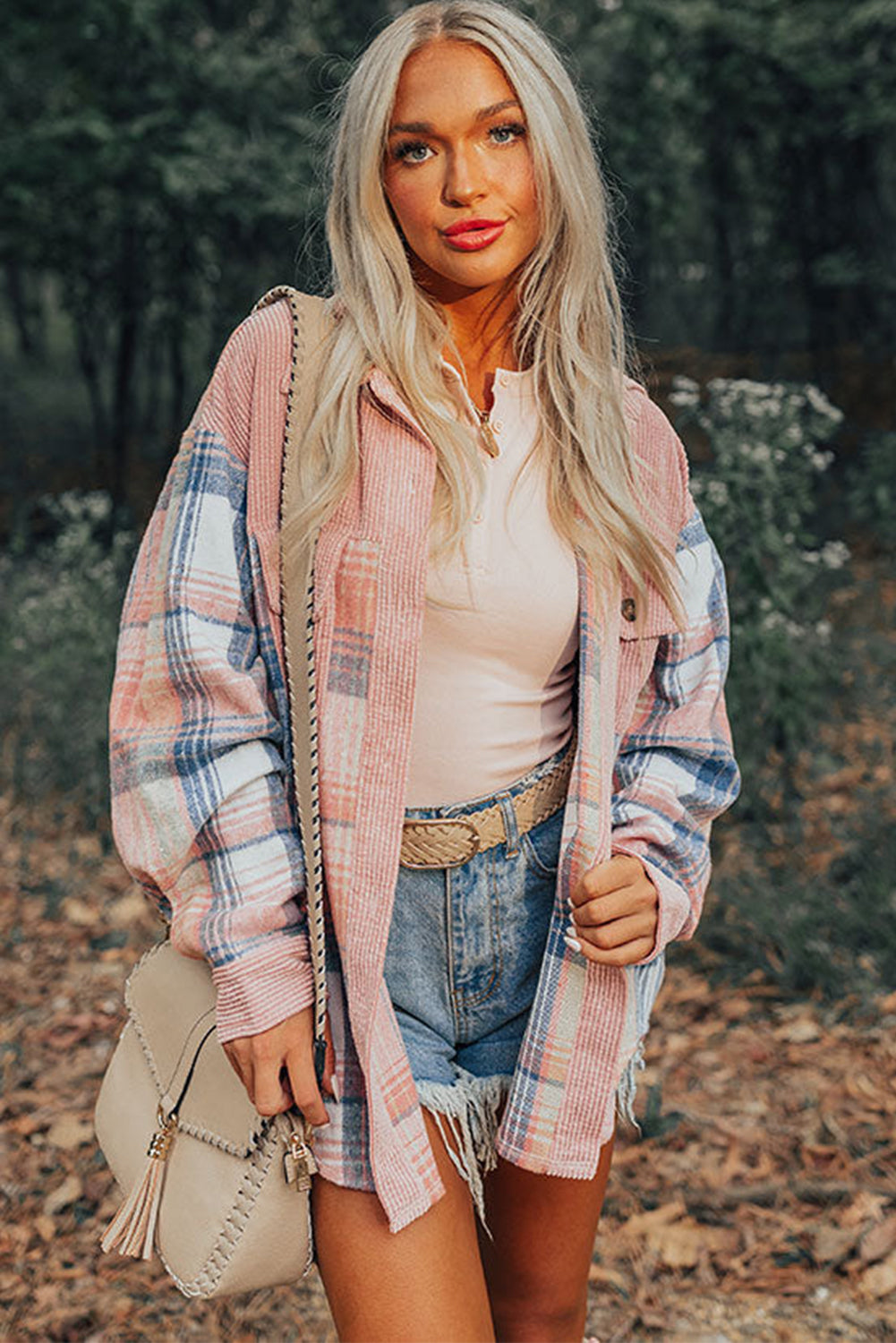 Light Pink Plaid Corduroy Patchwork Chest Pocket Shacket Plaid Shackets JT's Designer Fashion