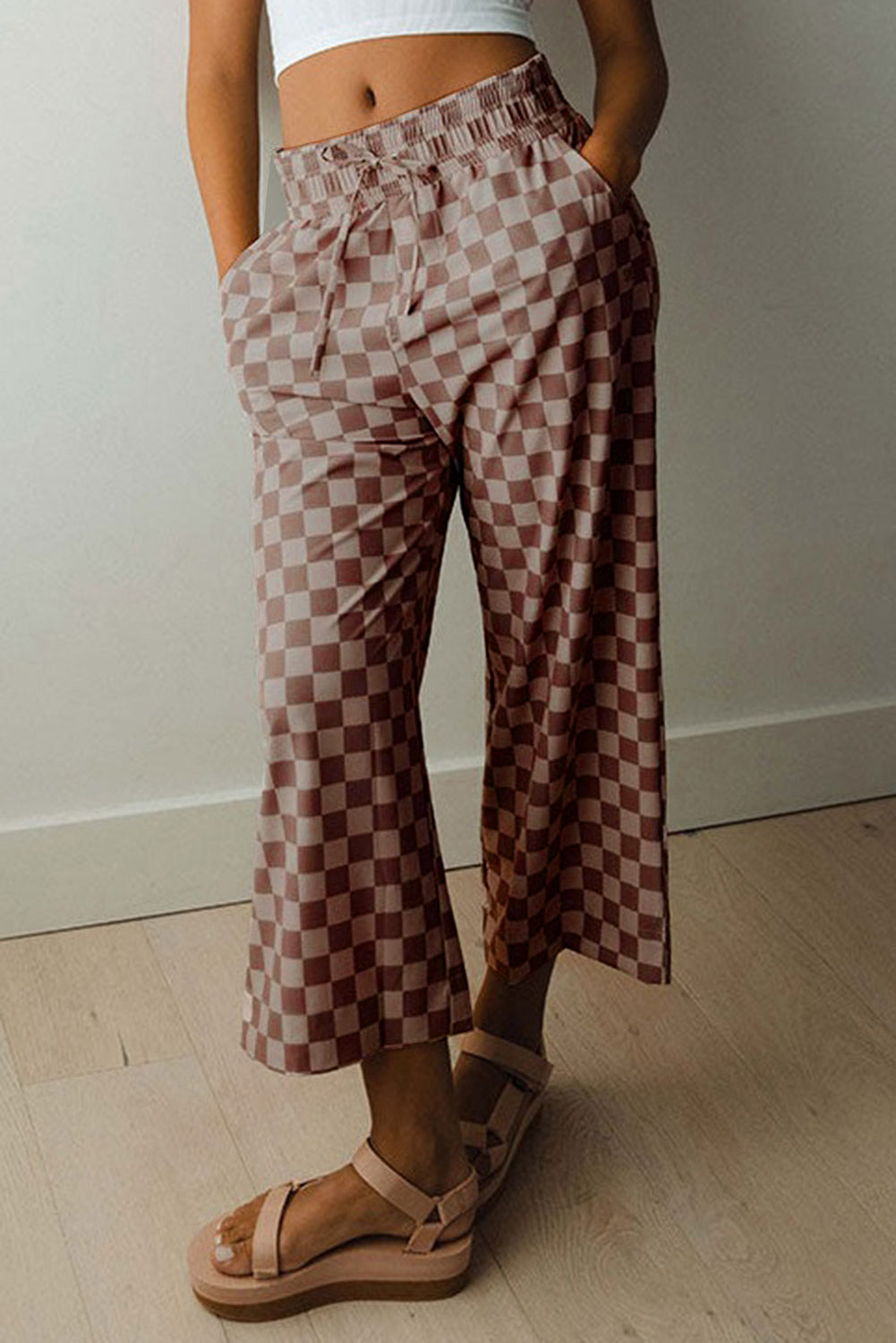Khaki Checkered Elastic High Waist Loose Casual Pants Pants & Culotte JT's Designer Fashion