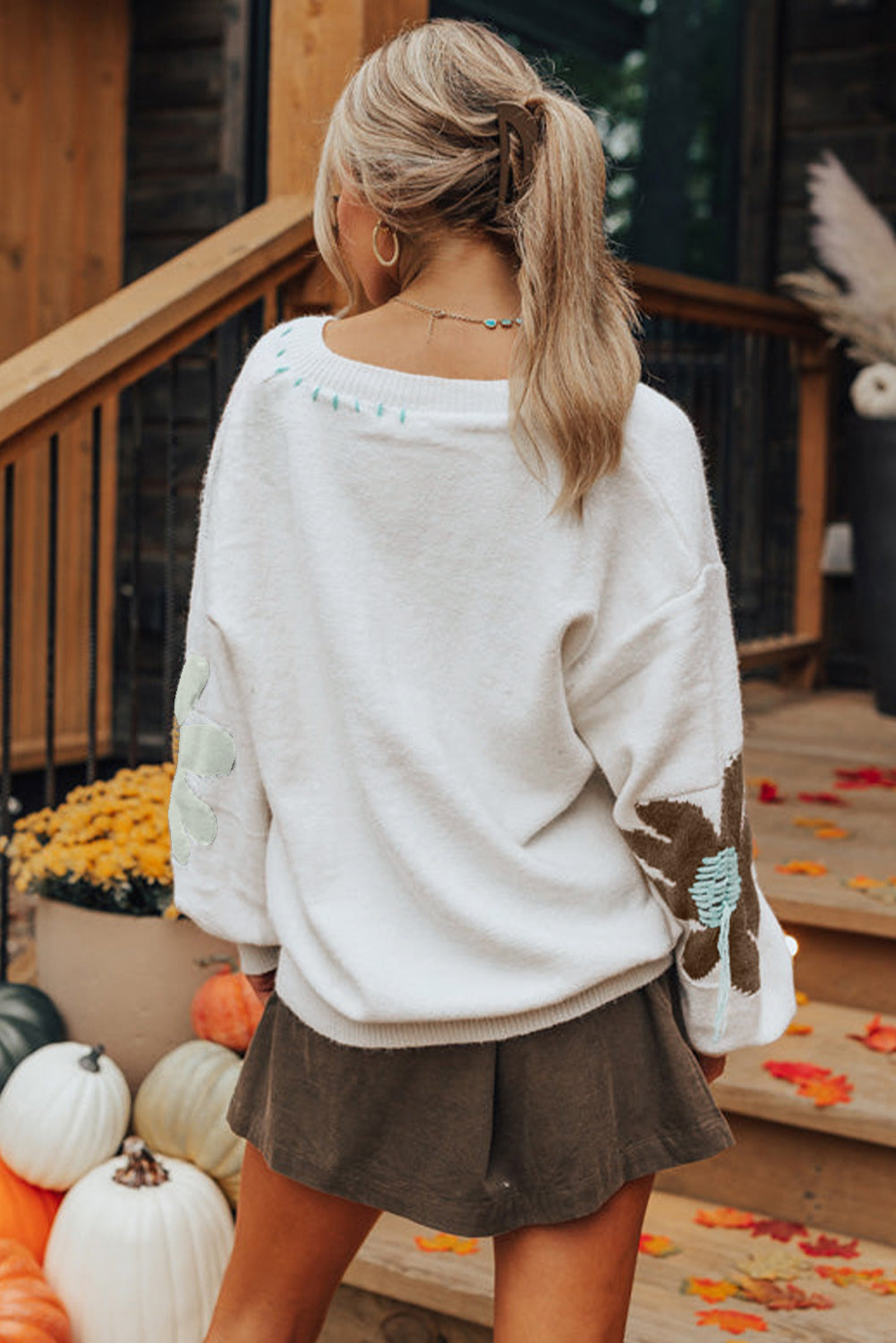 White Big Flower Pattern V Neck Drop Shoulder Sweater Sweaters JT's Designer Fashion