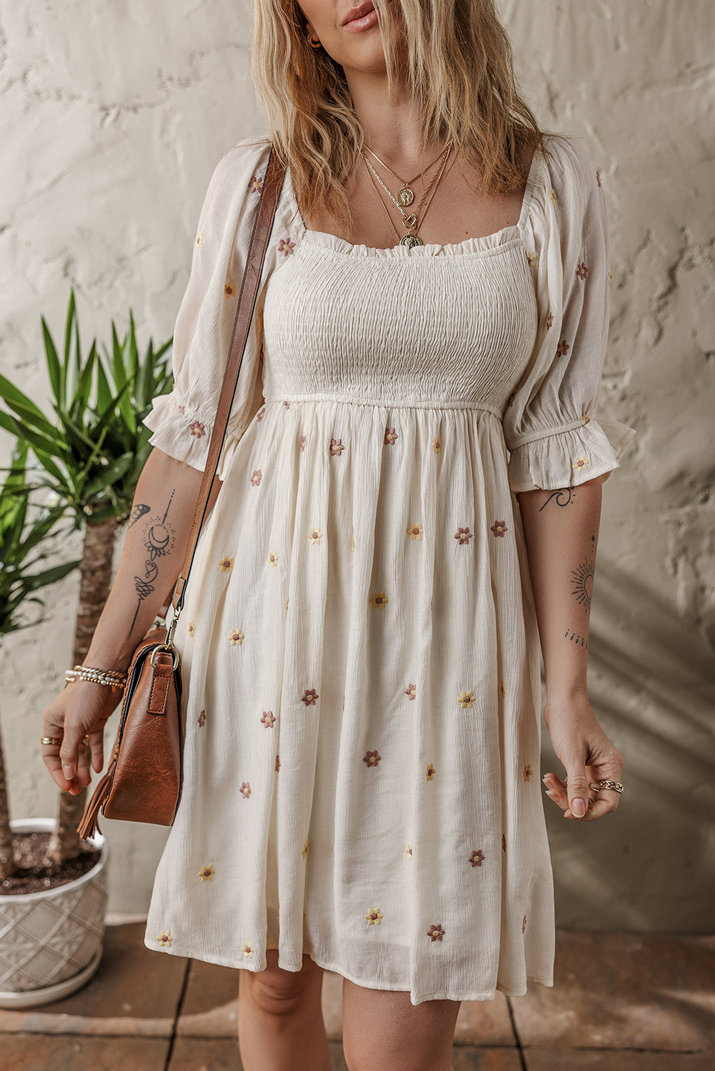 Beige Embroidered Flower Smocked Bust Half Puff Sleeve Empire Waist Textured Flowy Dress Mini Dresses JT's Designer Fashion