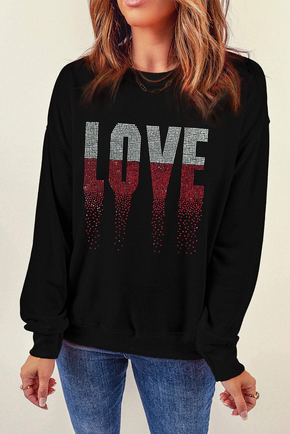 Black Rhinestone LOVE Graphic Crewneck Valentines Sweatshirt Graphic Sweatshirts JT's Designer Fashion