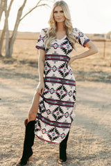 Beige Western Aztec Printed Long T-shirt Dress T Shirt Dresses JT's Designer Fashion