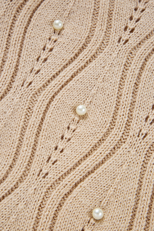 Smoke Gray Pearl Beaded Pointelle Knit V Neck Lace Patchwork Sleeve Sweater Sweaters JT's Designer Fashion