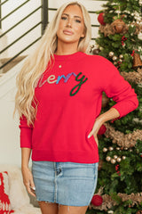 Fiery Red Tinsel Merry Letter Drop Shoulder Baggy Sweater Sweaters JT's Designer Fashion