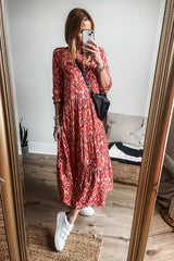 Orange Abstract Print V Neck Pleated High Waist Midi Dress Midi Dresses JT's Designer Fashion