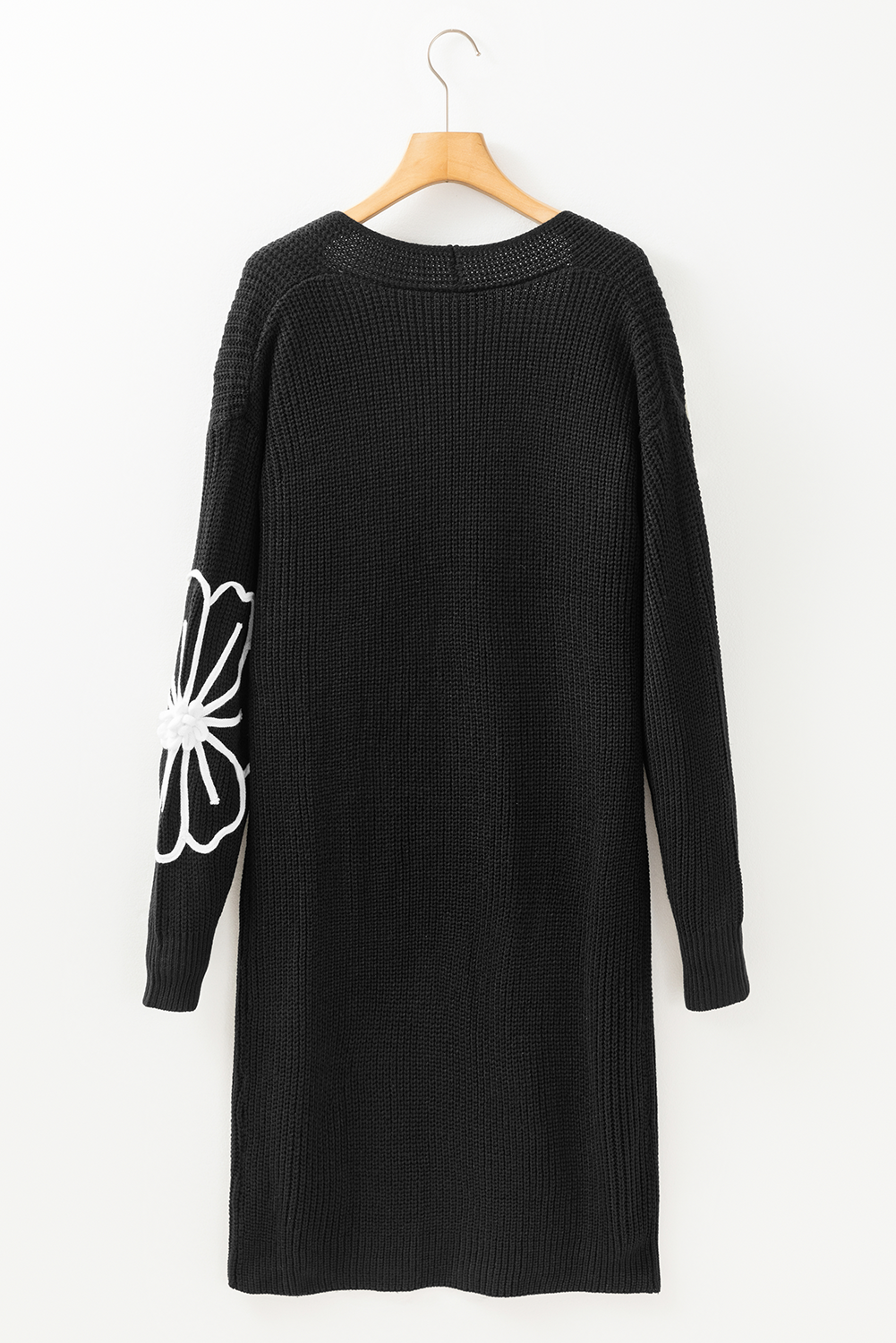 Black Flower Embroidered Drop Shoulder Open Front Duster Cardigan Cardigans JT's Designer Fashion