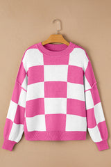 Rose Checkered Bishop Sleeve Sweater Sweaters JT's Designer Fashion